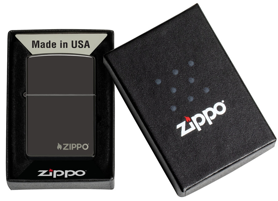 klassisk högglansig svart zippo-logotyp